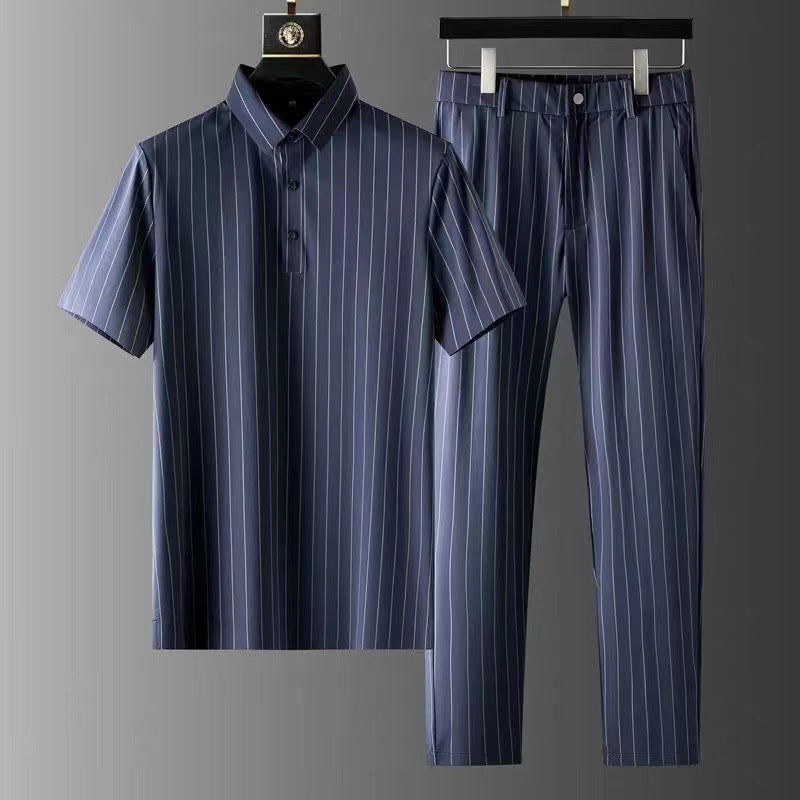 Men's Ice Silk Stripes Casual Short Sleeve Trousers Suit