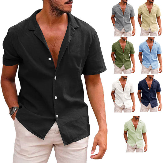 Summer Lapels Solid Color Short Sleeve Men's Cotton And Linen Shirt