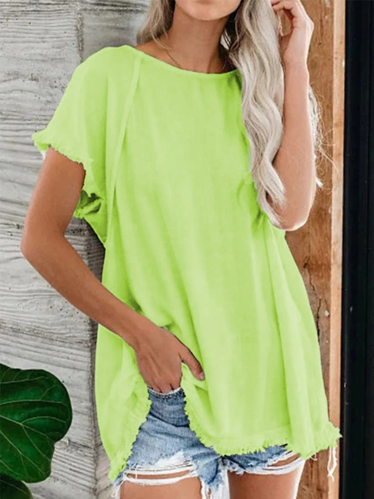 Loose Round Neck Lantern Sleeve Medium Length Short Sleeved Shirt