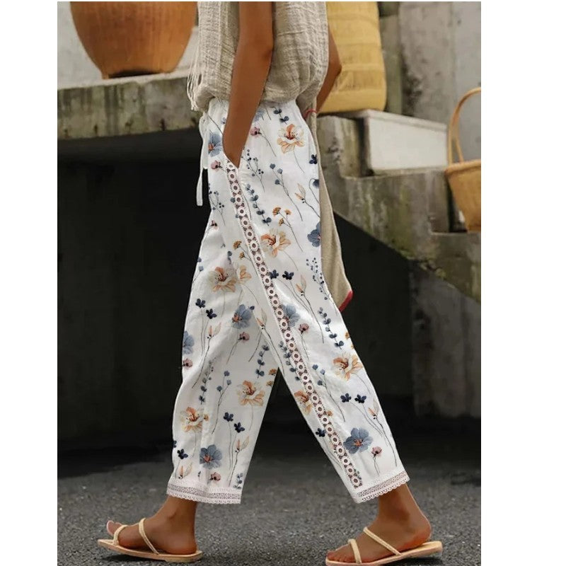 Printed Lace Stitching Straight-leg Pants Sweet Casual Pants