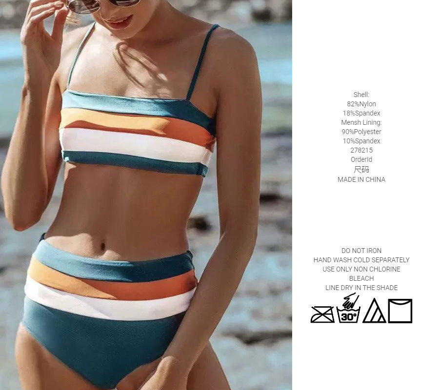 Women's Striped Contrast Color Swimsuit With Shoulder Straps Suit