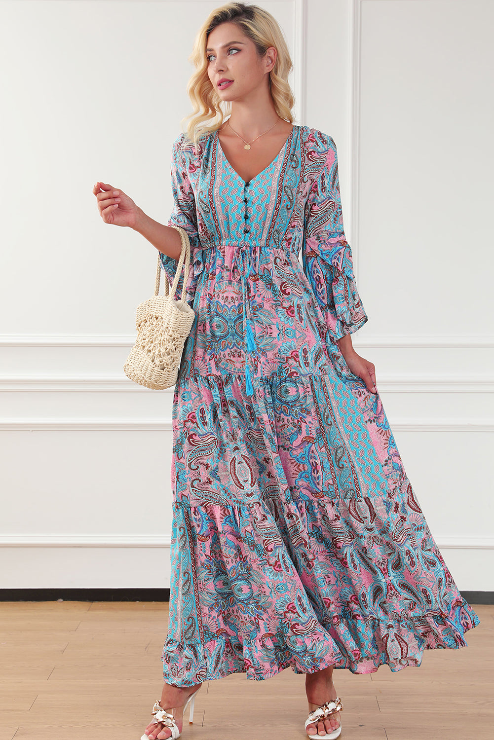 Paisley Printed Ruffle Trim Elegant Maxi Dress