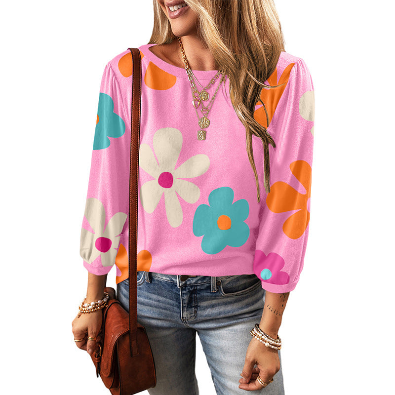 European And American Leisure Wild Flower Floral Print Long Sleeve Pullover