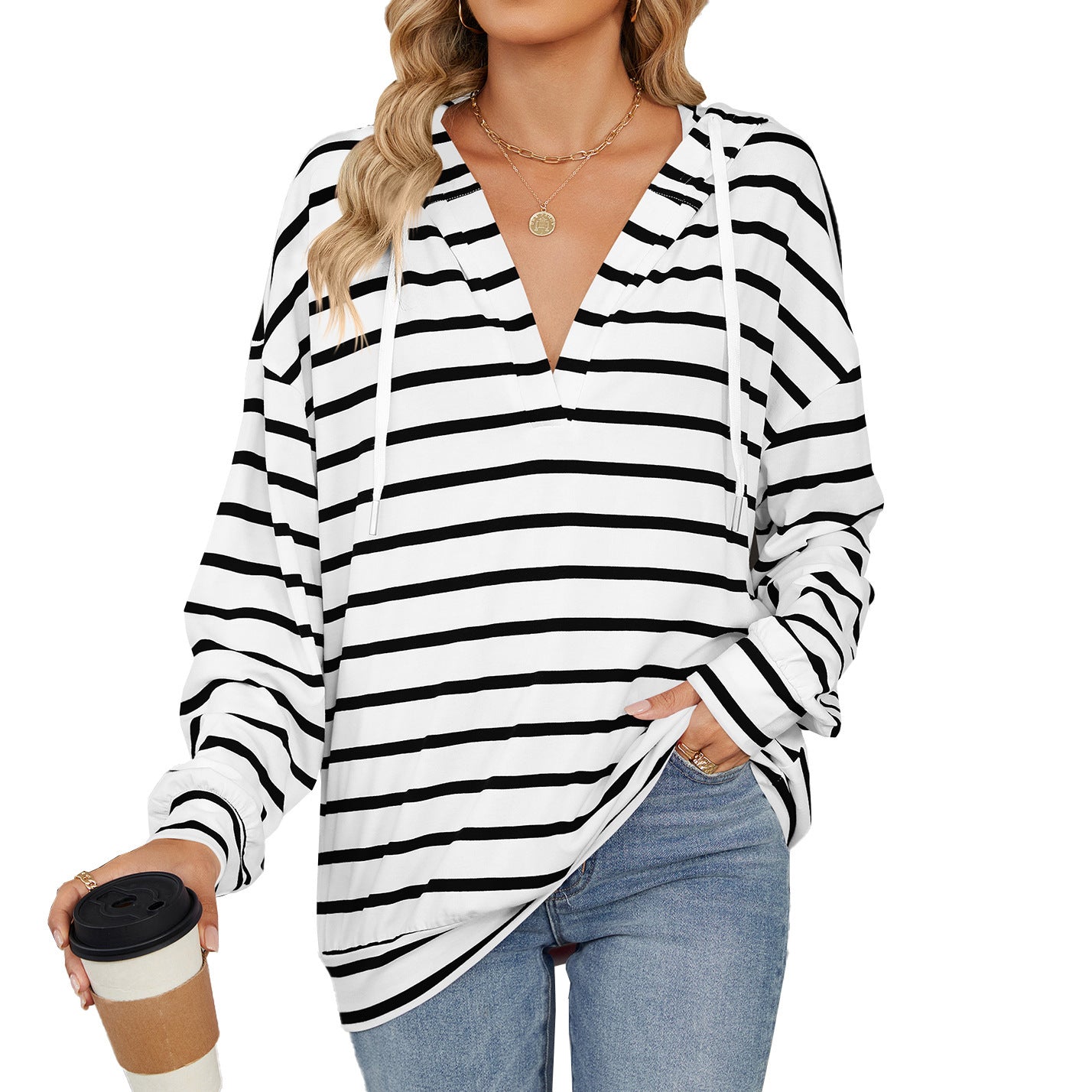 Hoodie With Drawstrings Striped Long Sleeve Top