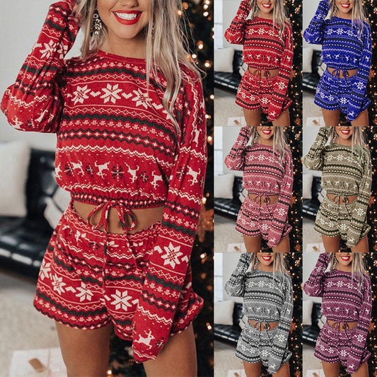 Printed Long-Sleeved Casual Christmas Home Set Pajamas Women