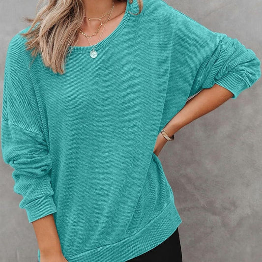 Round Neck Long Sleeve Side Slit Waffle Sweater