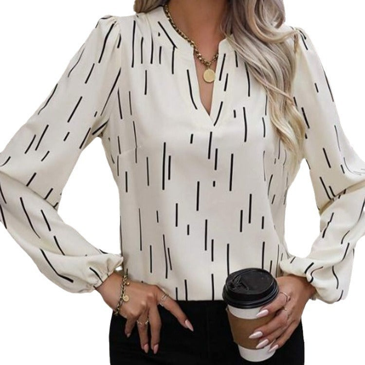 Women's V-neck Long-sleeved Slim-fit Printed Shirt