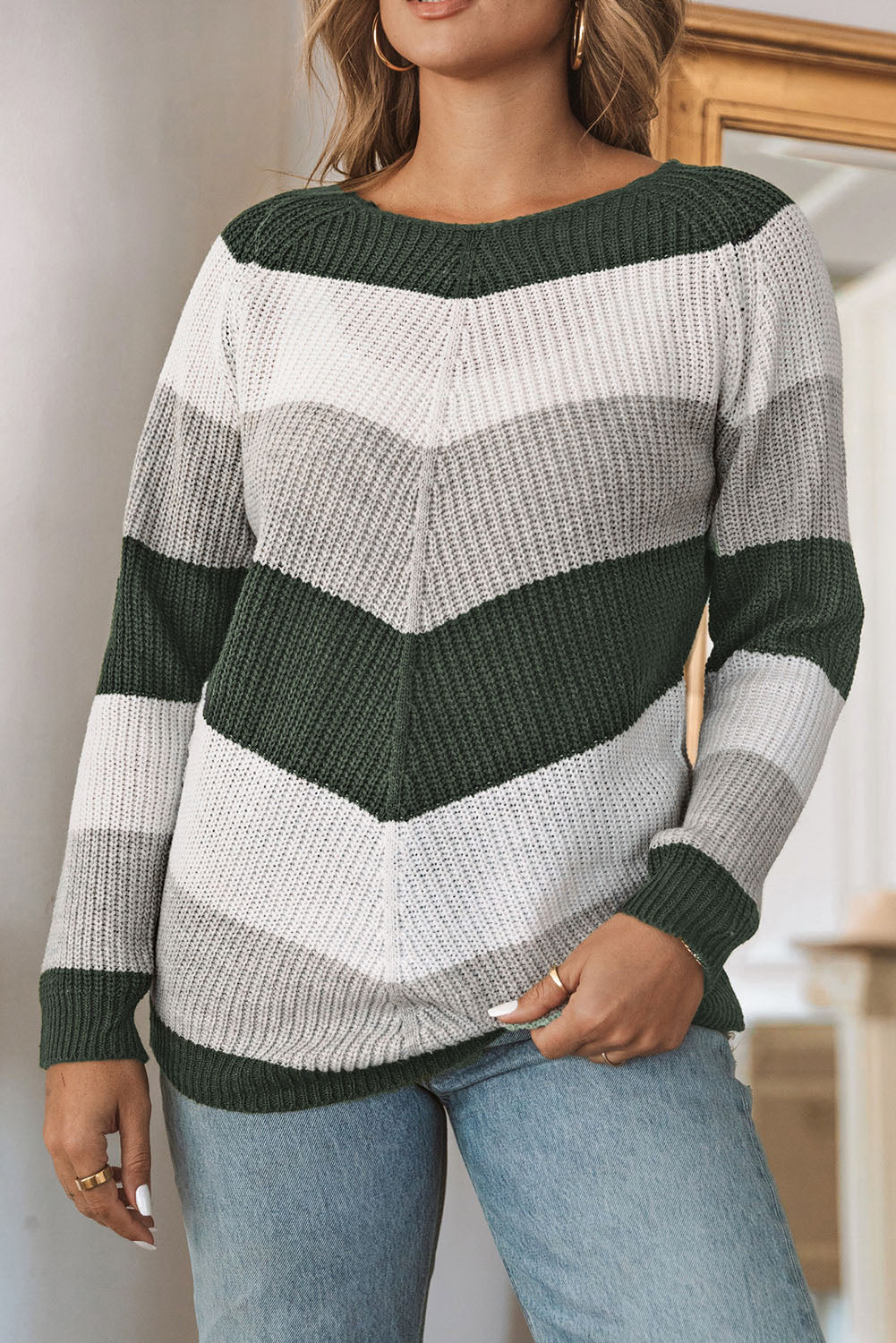 Green Chevron Color Block Striped Knit Pullover Sweater