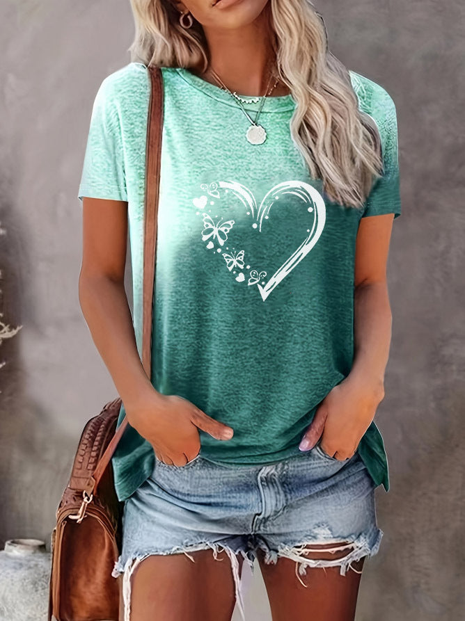 Love Gradient Printing T-shirt Fashion Street Short Sleeve Round Neck Straight Top