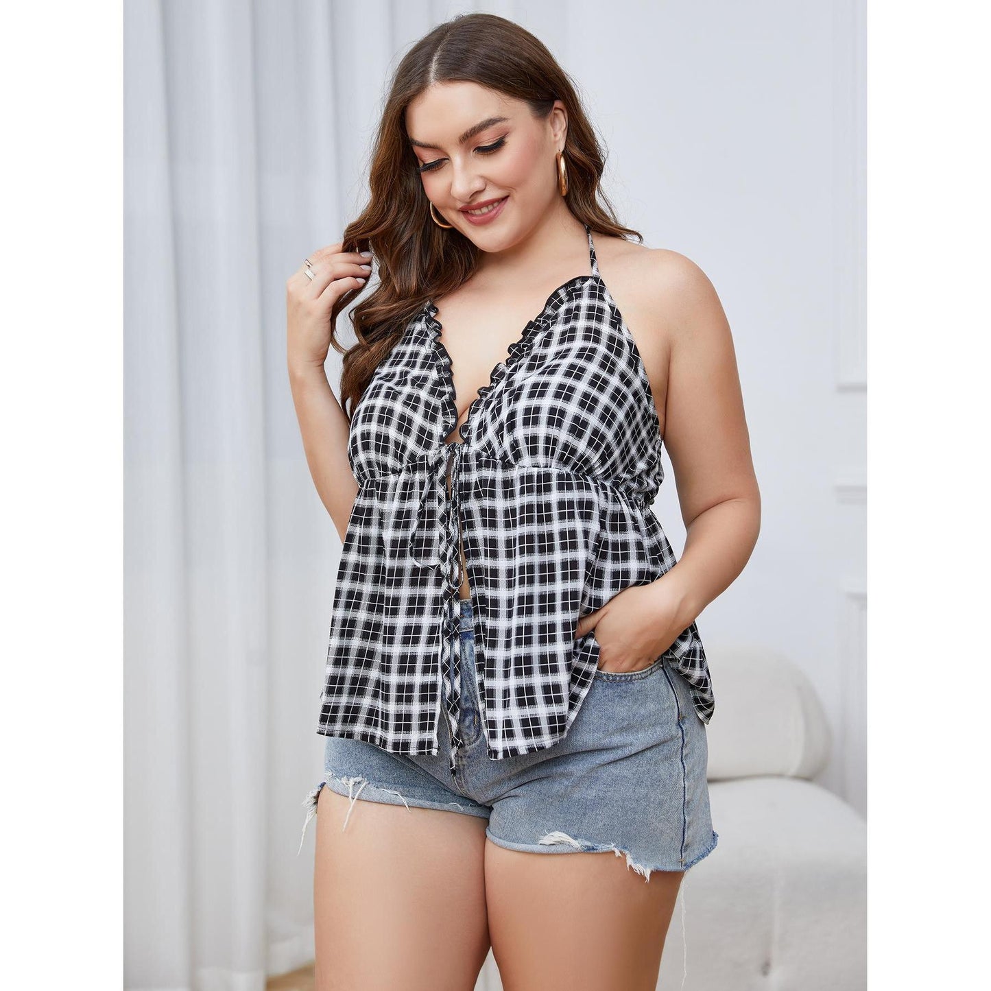 Plus Size Women's Summer Tube Top Plaid Shirt