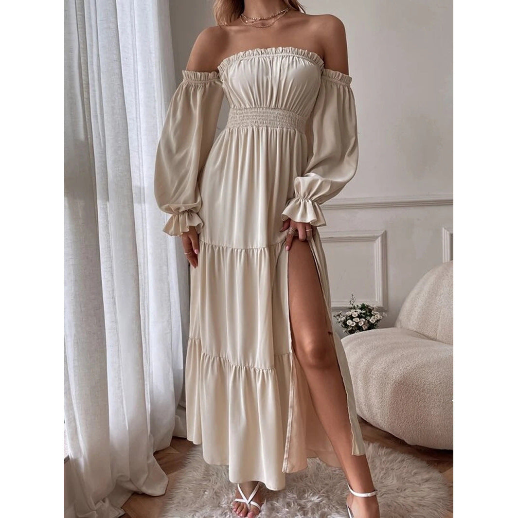 Off-shoulder Ruffled Long Sleeve High Slit Dress