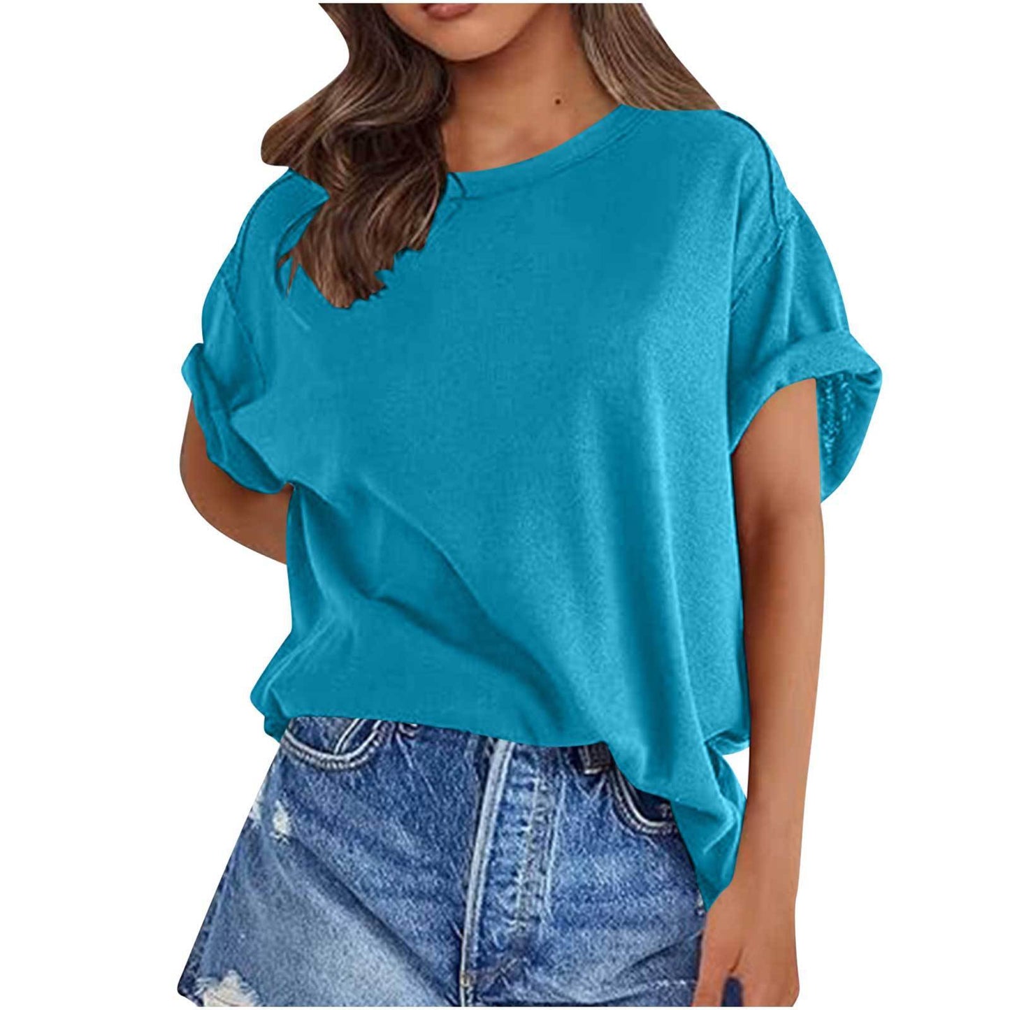 Solid Color Short Sleeve Round Neck Pullover Top