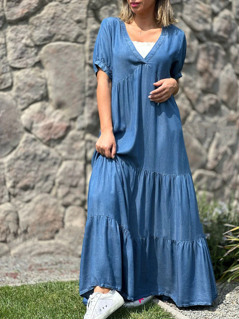 European And American Plus Size Women's Clothes Faux Denim Solid Color And V-neck Long Dress