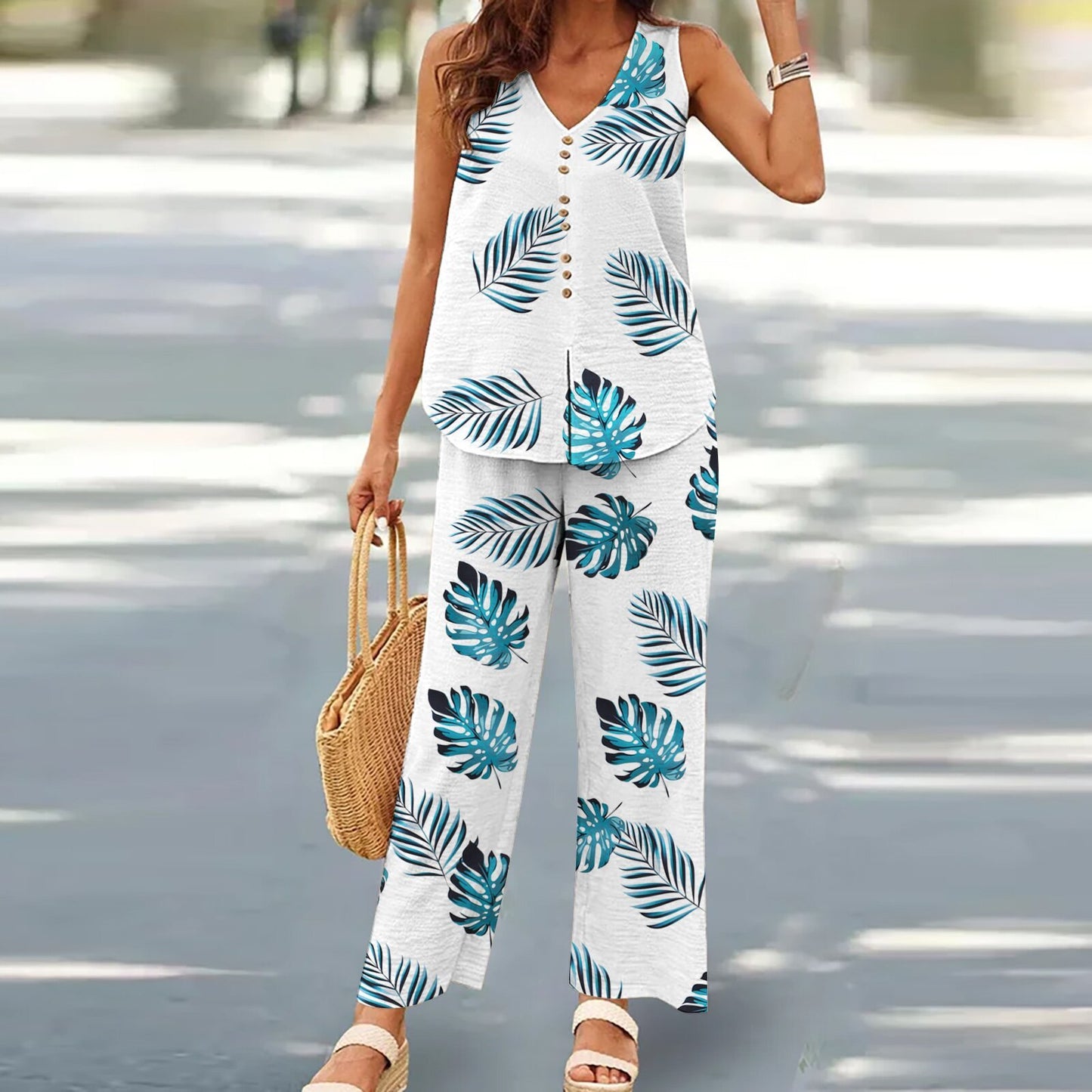 Women's Casual Solid Color Printing Vest Wide Leg Pants Suit