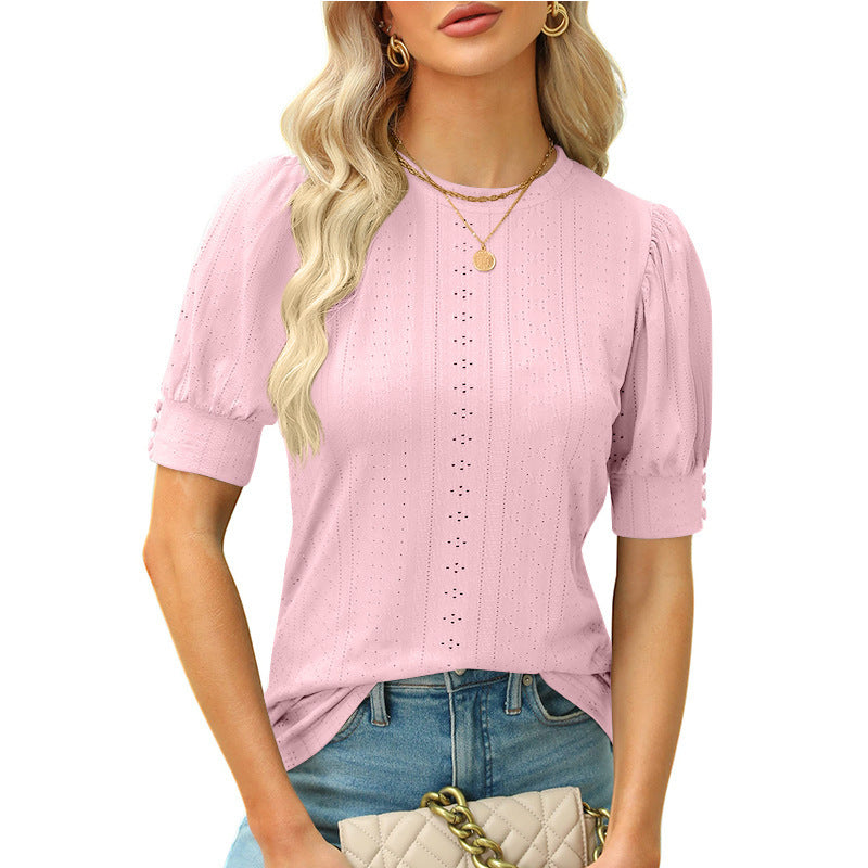 Summer Round Neck Hole Hollow-out Button Short-sleeved Casual Top