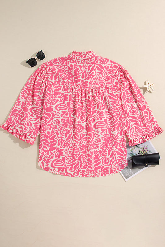 Pink Plus Size Floral Print Frilled Neck Puff Sleeve Top