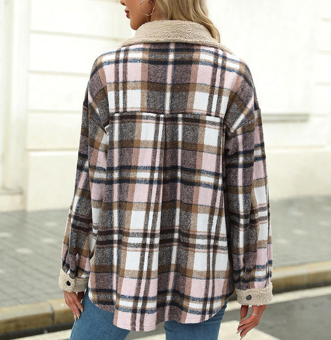 Women's Contrast Color Plaid Jacket Casual Polo Collar Velvet Jacket