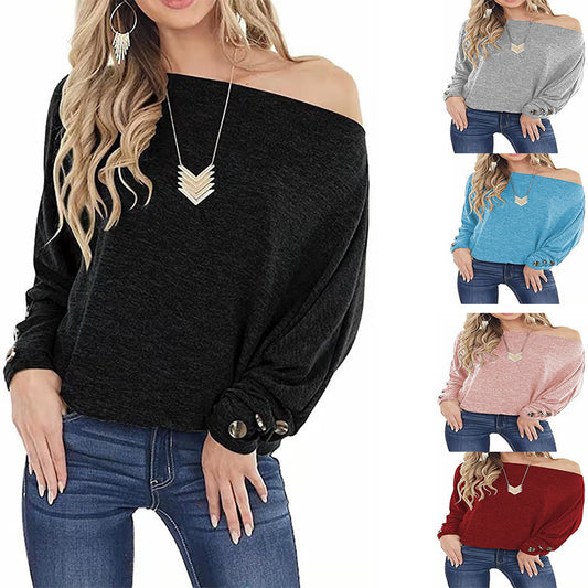 Women's Off-shoulder Button Solid Color Long Sleeve Casual T-shirt