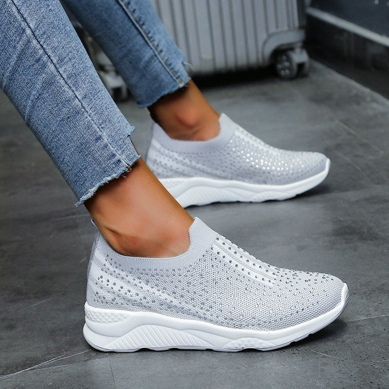 Rhinestone Elastic Foot Knit Casual Shoes Women