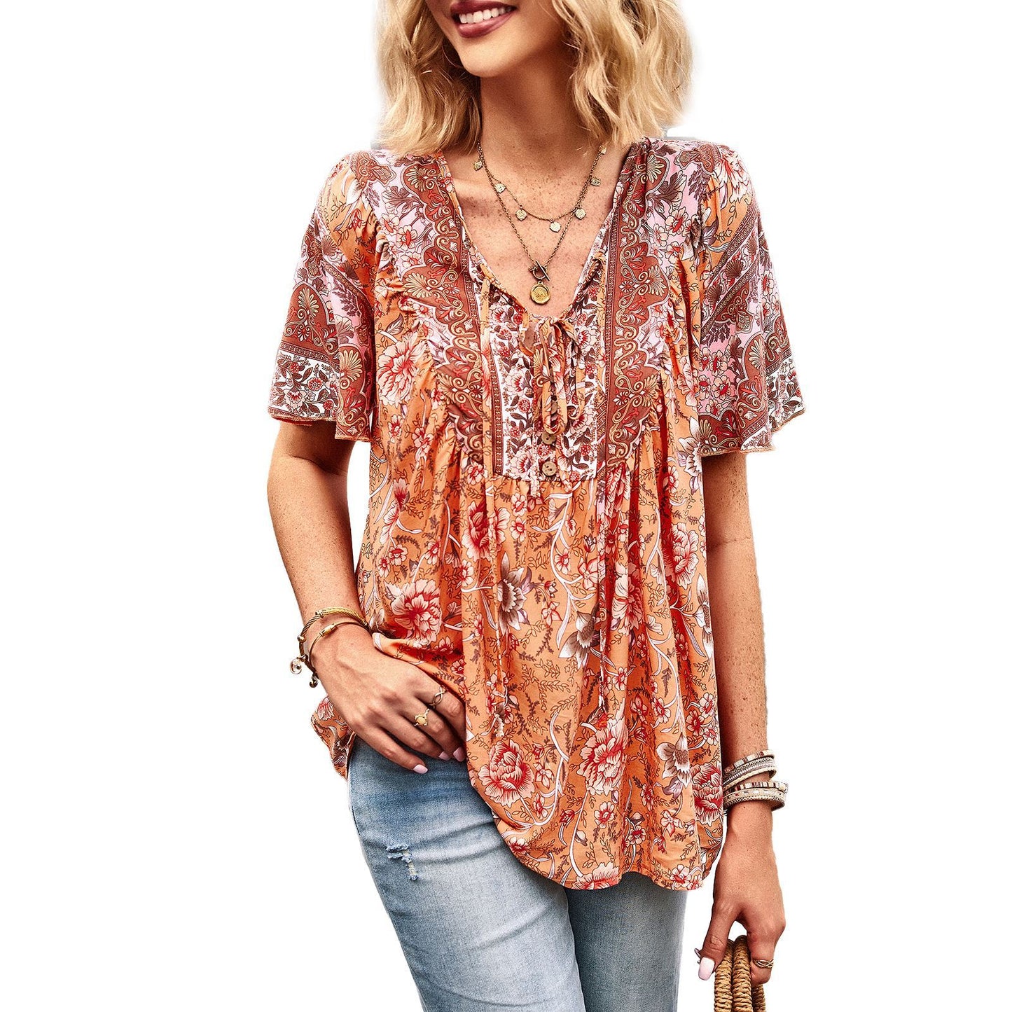 Asian Printed Shirt Women's Commuter Casual Collar Top