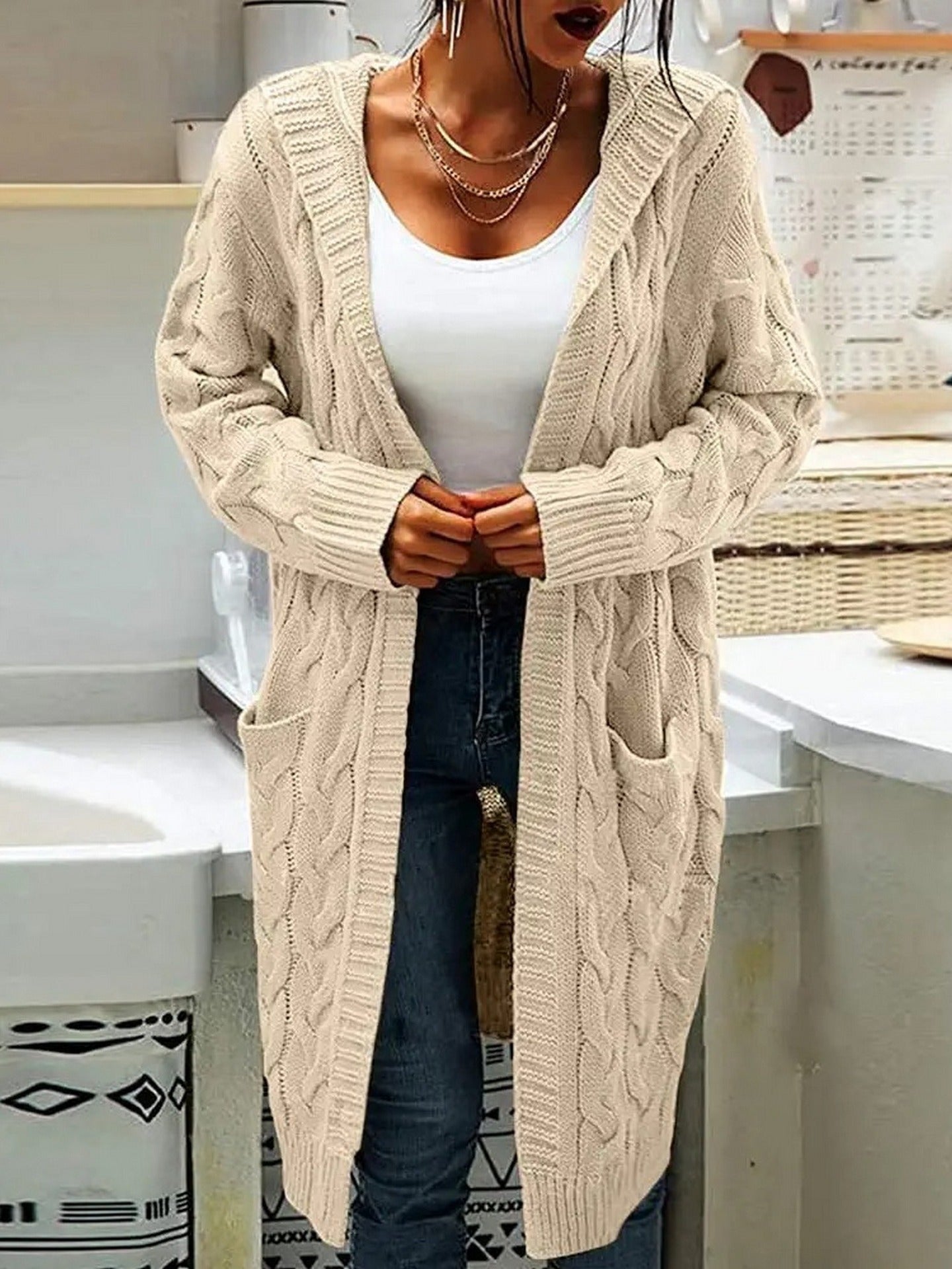 Women's Twisted Design Pocket Long Sleeve Sweater Solid Color Casual Coat