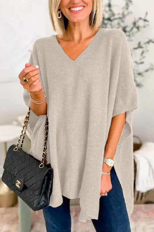 Batwing Sleeve Knitted Outer Solid Color And V-neck Pullover Loose Sweater