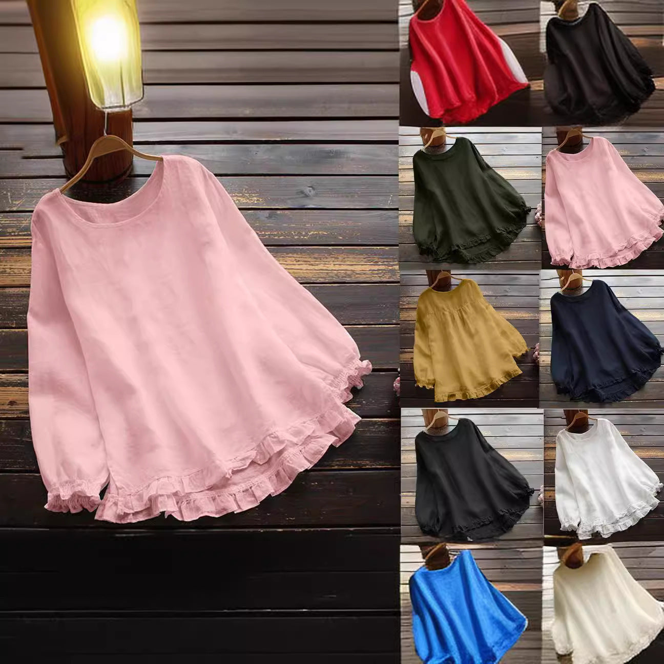 Long Sleeve Ruffled Bottom Cuff Loose-fitting Women's Cotton Linen Solid Color Round Neck Shirt