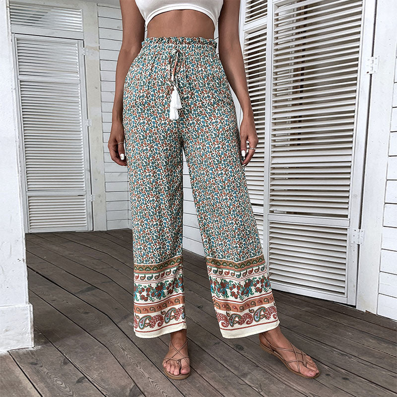 New Retro Women's Green Printing Loose Wide-leg Pants