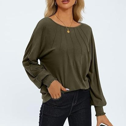 Women's Round Neck Pleated Long Sleeve Top