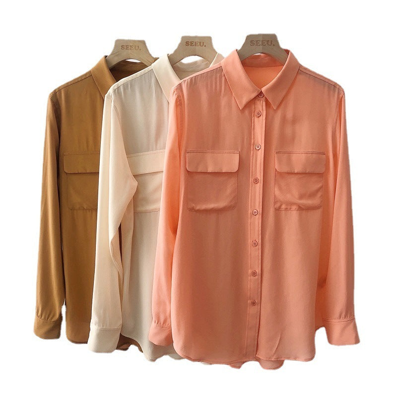 Square Neck Long Sleeve Pocket Rounded Silk Shirt