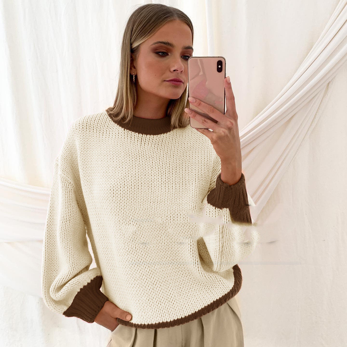 New Women's Knitted Sweater Stitched Pullover Loose