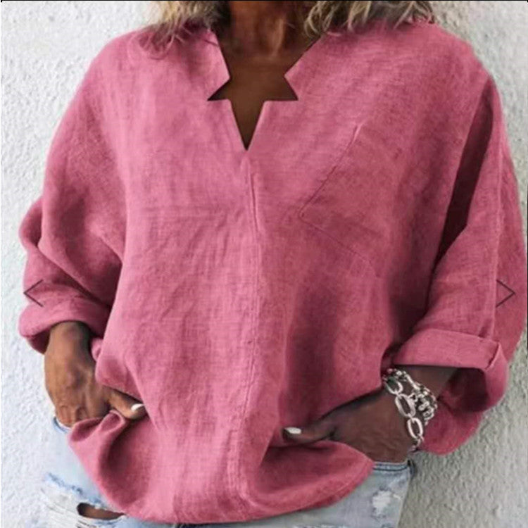 Solid Color Cotton And Linen Plus Size Long Sleeve Pullover Urban Leisure Mid-length V-neck Shirt