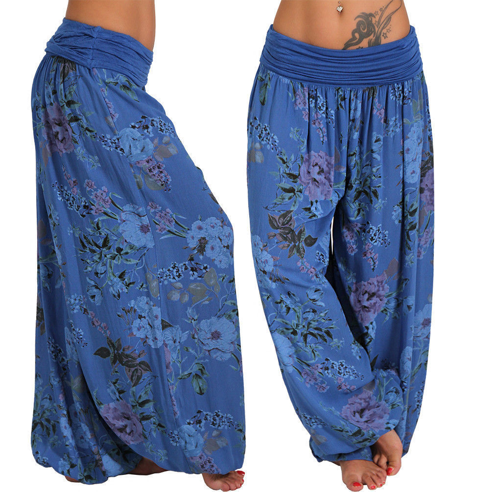 Women Bohemian Floral Print Long Pants Mid Waist Vintage Harem Pants Elastic Waist Boho Beach Trousers Plus Size 5XL