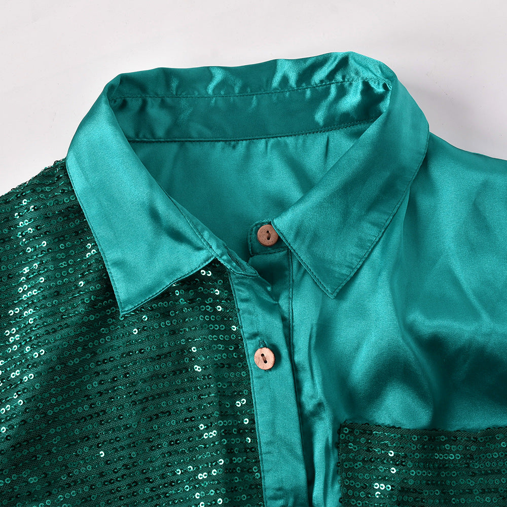 Summer Button Sequin Panel Shirt Dress Women's