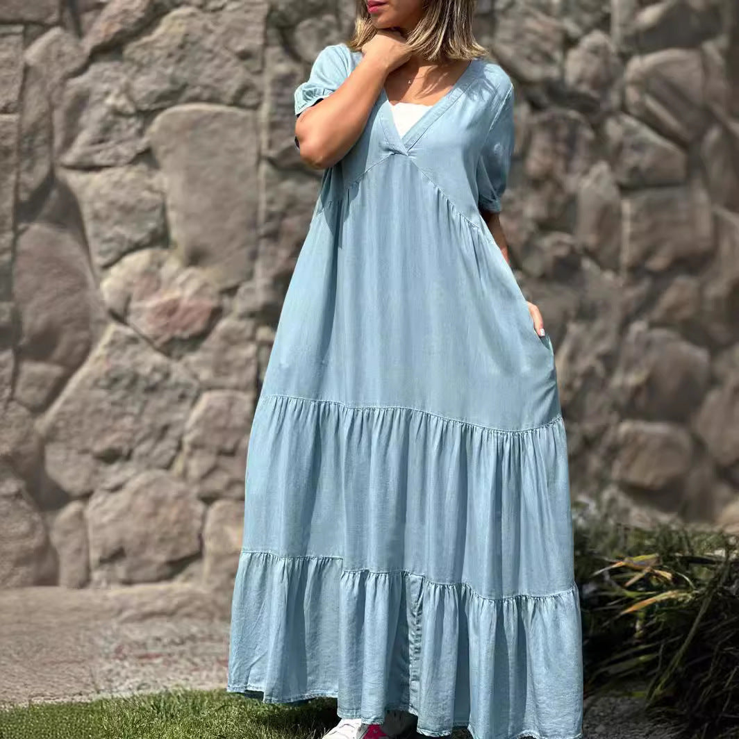 European And American Plus Size Women's Clothes Faux Denim Solid Color And V-neck Long Dress