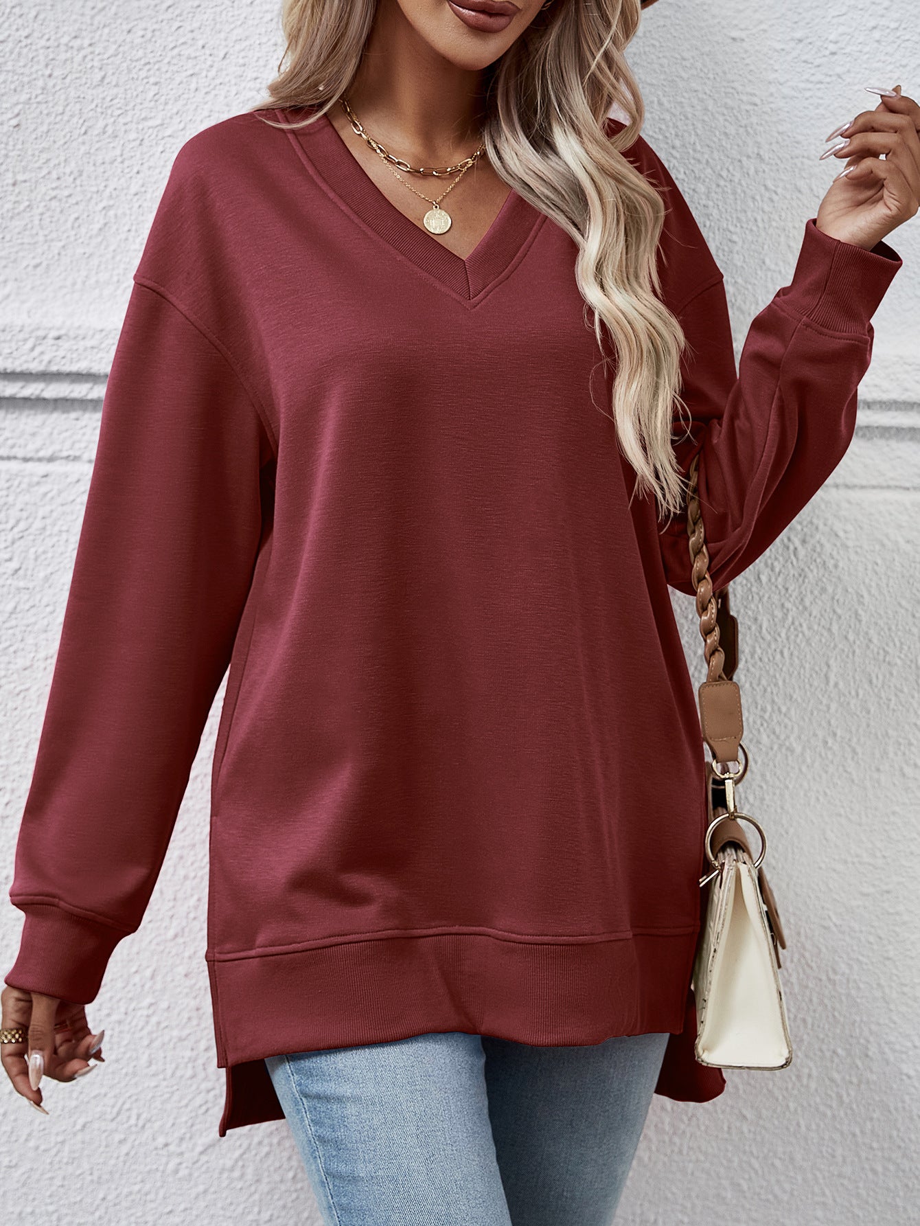 Solid Color And V-neck Split Front Short Back Long Sweater