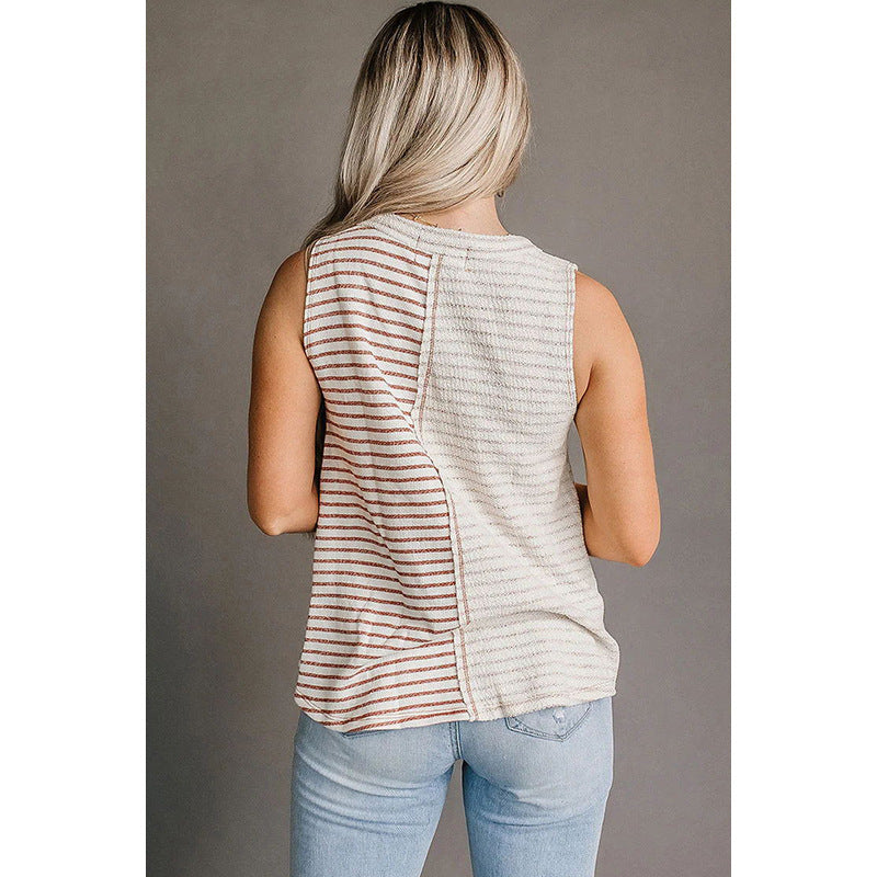 Striped Patchwork Round Neck Vest For Women