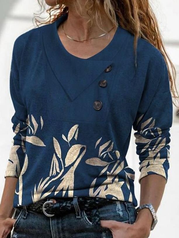Women's Cross Collar T-shirt Button Fashion Geometry Pattern Printed Long-sleeved Top