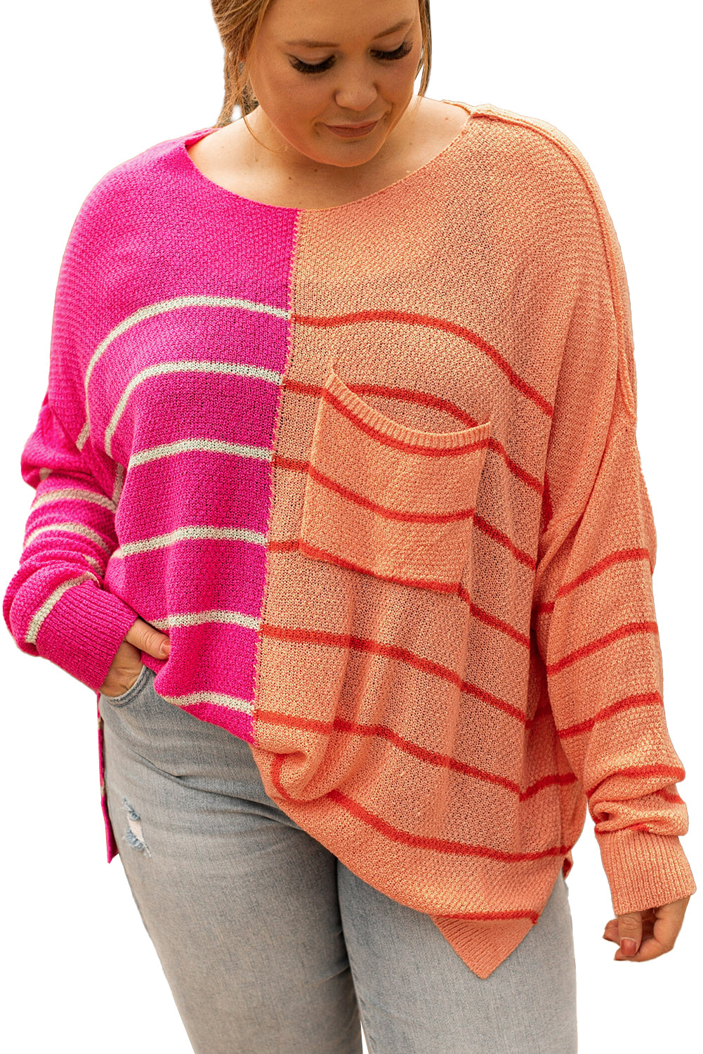 Yellow Plus Size Color Block Striped Patchwork Knit Sweater