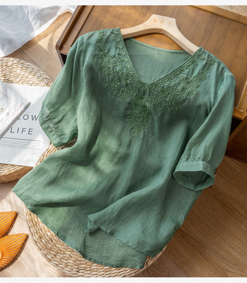 V-neck Embroidery Loose Thin Slim Fit Slim Looking Large Size Women's Wear Shirt