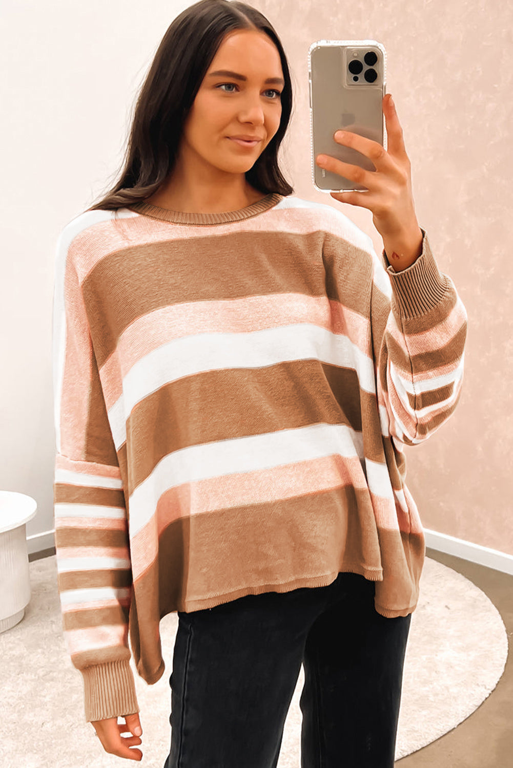 Multicolour Striped Knit Drop Shoulder Loose Sweater