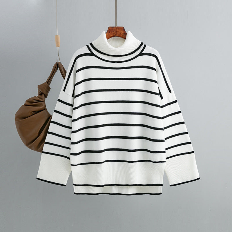 Loose Casual Contrast Color Striped Turtleneck Sweater