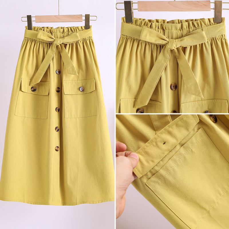 Summer New Artistic Solid Color Buttons Mid-length Skirt Mori Girl Elastic Waist Cotton And Linen A- Line Skirt