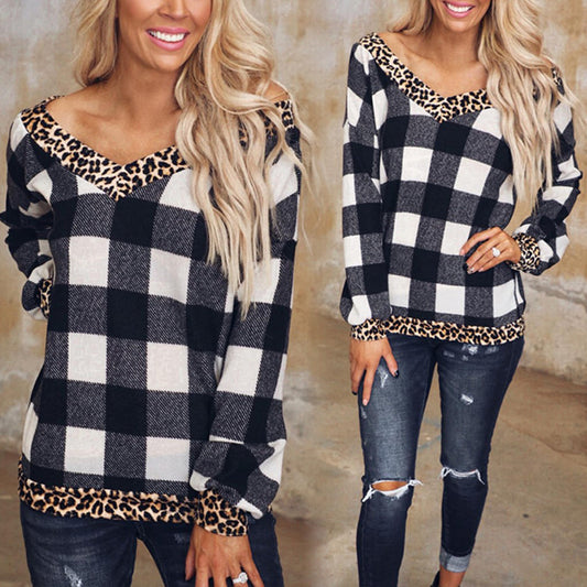 Printed Leopard and checkered Print Stitching Long-Sleeved Sweatshirt