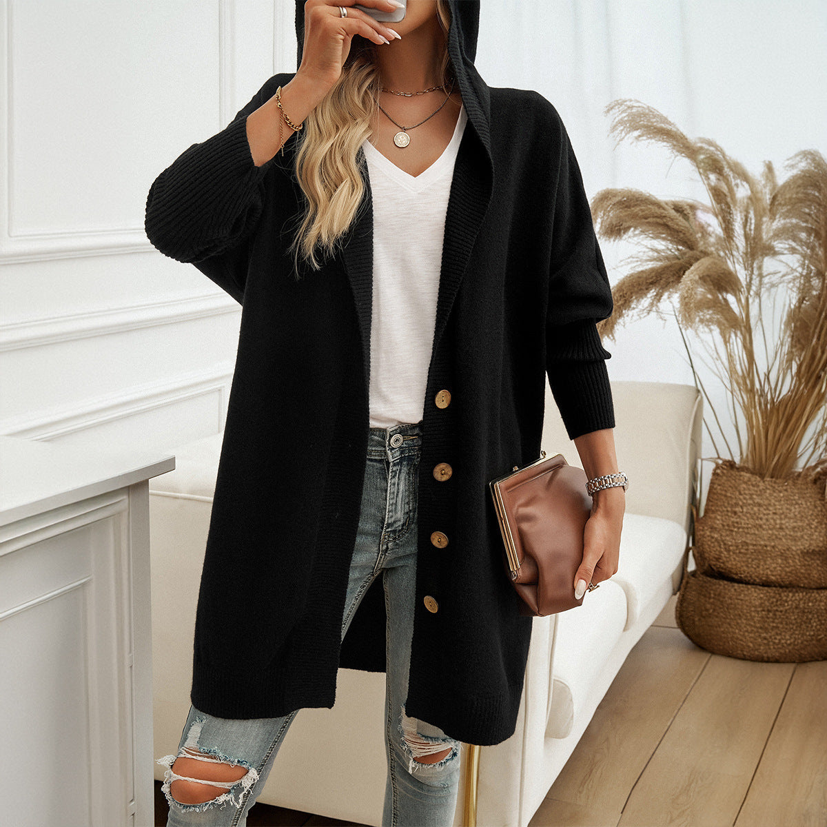 Women's Casual Loose Breasted Hooded Cardigan