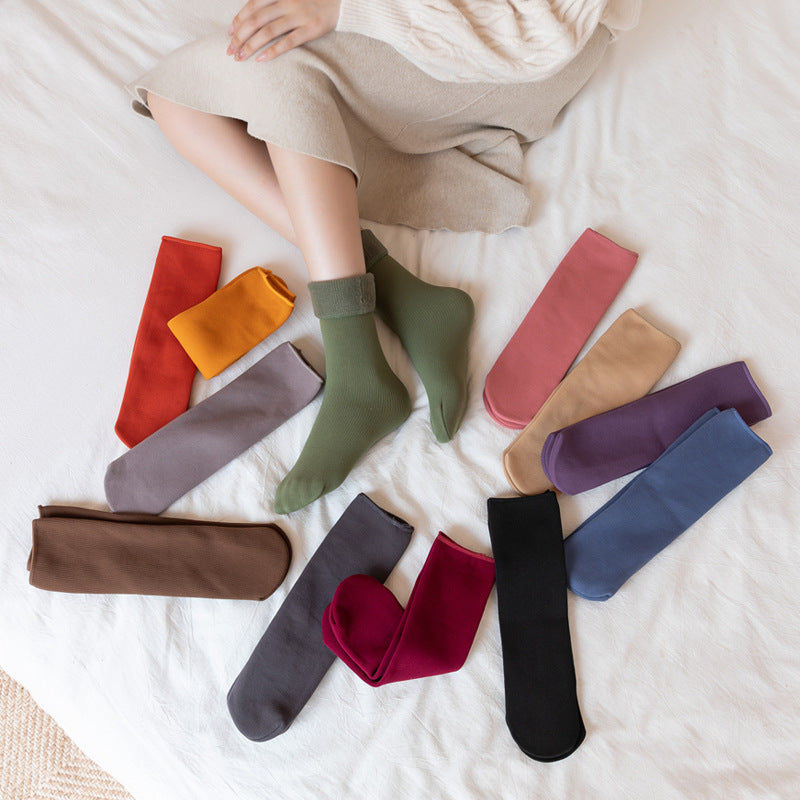 Women's Mid-calf Vertical Stripes Imitation Cashmere Fleece-lined Thickened Non-slip Warm Room Socks