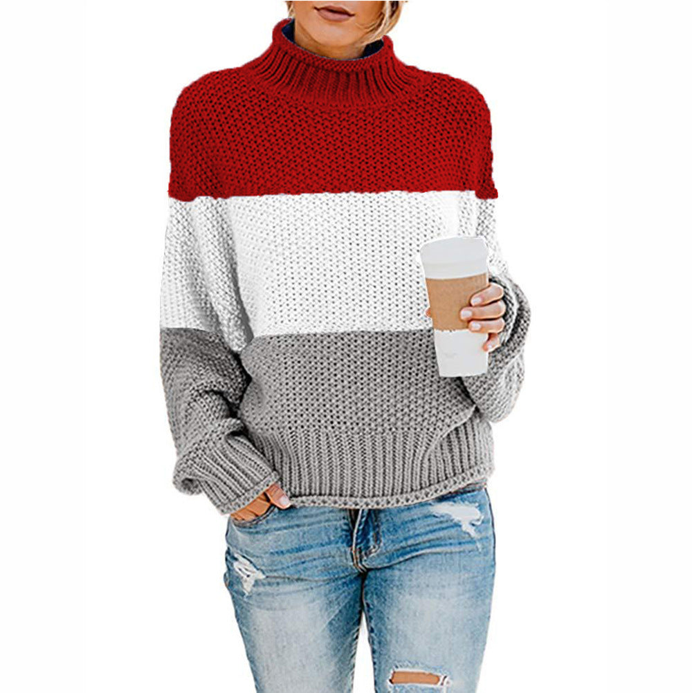 Thick Line Colorblock Turtleneck Pullover Sweater