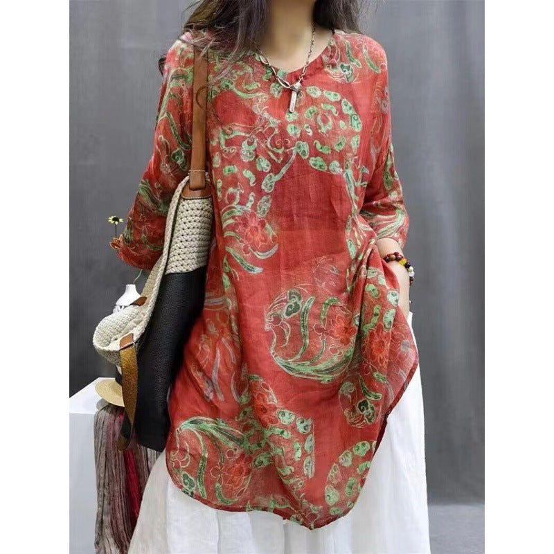 Vintage Floral Print Mid-length Sleeves V-neck Ramie Loose Western Style Artistic Casual Shirt