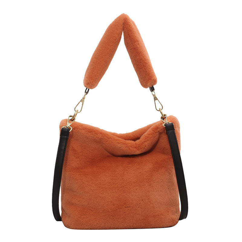 Fashion Solid Color Plush Portable Bucket Bag