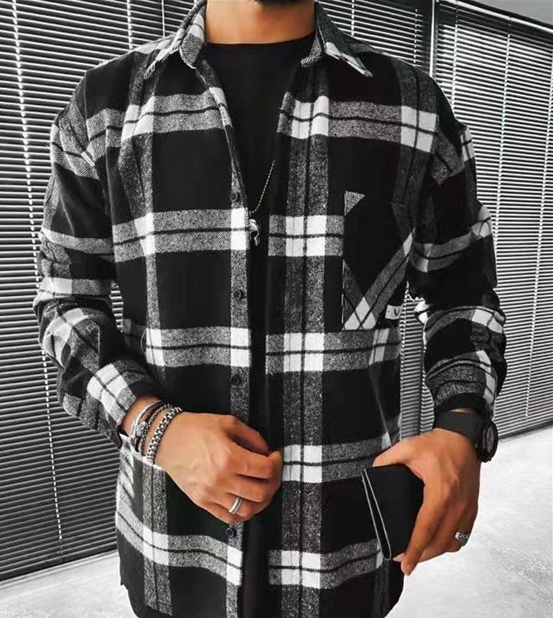 New Long Sleeve Check Casual Stand Collar Pocket Shirt Jacket